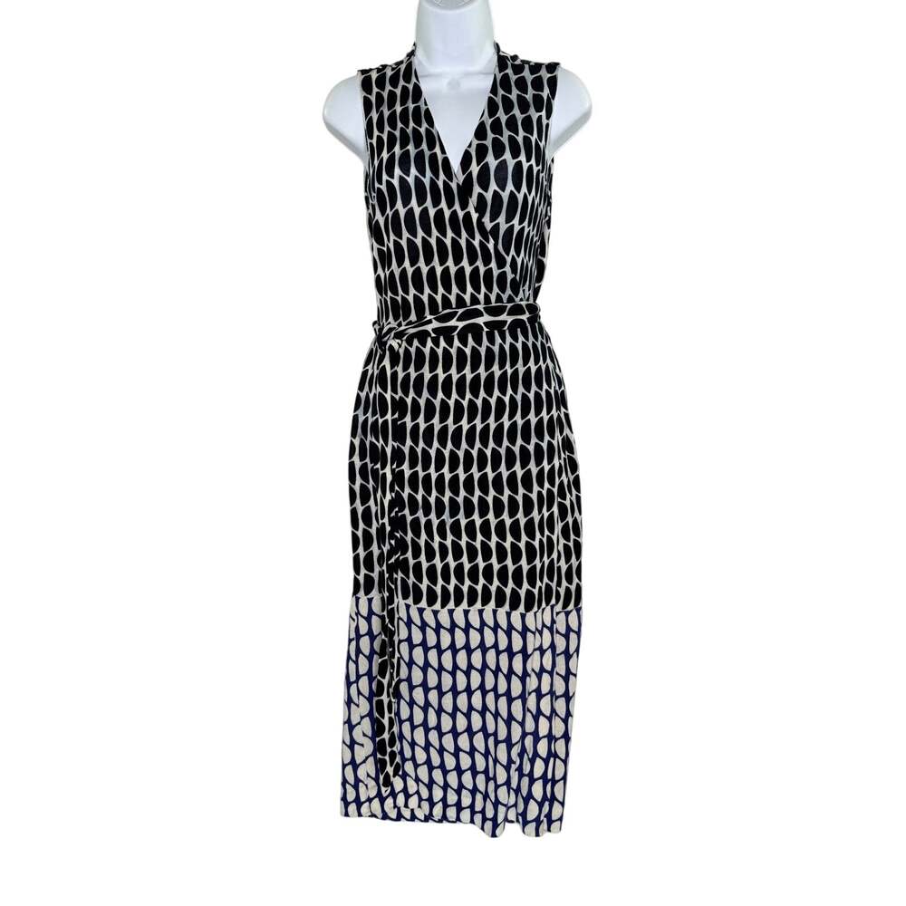 Diane Von Furstenberg Zalda Black Geometric Print Midi True Wrap Dress S